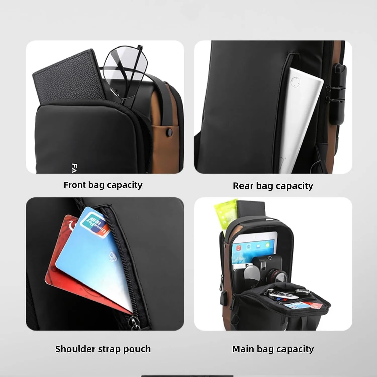 Carbon Fiber Streamlined Anti-theft Crossbody Bag, USB Charging Sports Sling Bag, Waterproof Shoulder Bag, Fashionable Crossbody Bag Suitable for Sports and Leisure (Grey collage gold)