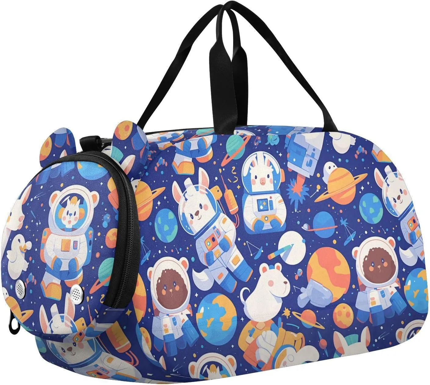 Cartoon Cute Animal Astronauts Gym Duffel Bag with Shoes Compartment Lightweight Carry On Weekender Bag for Boys and Girls