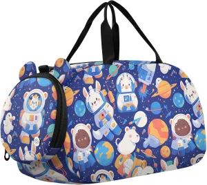 Cartoon Cute Animal Astronauts Gym Duffel Bag with Shoes Compartment Lightweight Carry On Weekender Bag for Boys and Girls