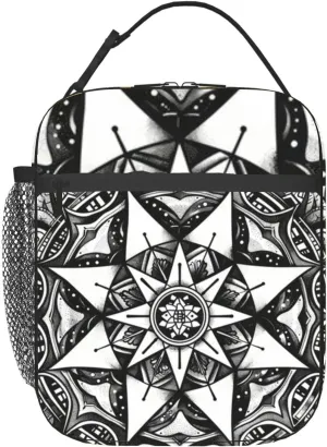 Cartoon cute doodles a mandala sacred geometry patterns like hexagons Insulated Iunch Bag for Men Woman Large Portable Waterproof Reusable Thermal Lunch Box with Pockets for Work Travel Picnic