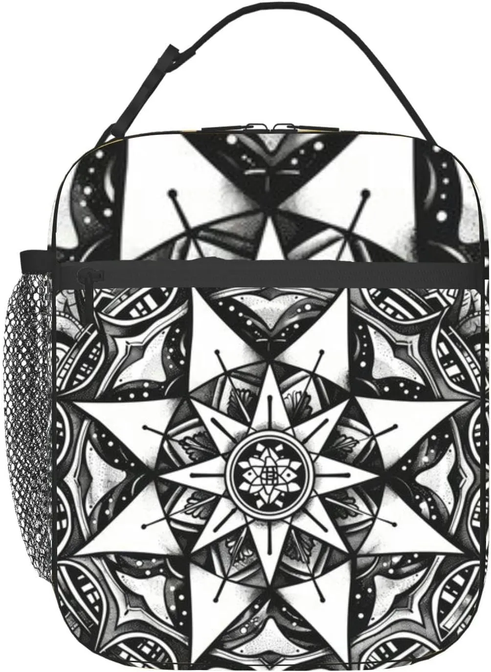 Cartoon cute doodles a mandala sacred geometry patterns like hexagons Insulated Iunch Bag for Men Woman Large Portable Waterproof Reusable Thermal Lunch Box with Pockets for Work Travel Picnic