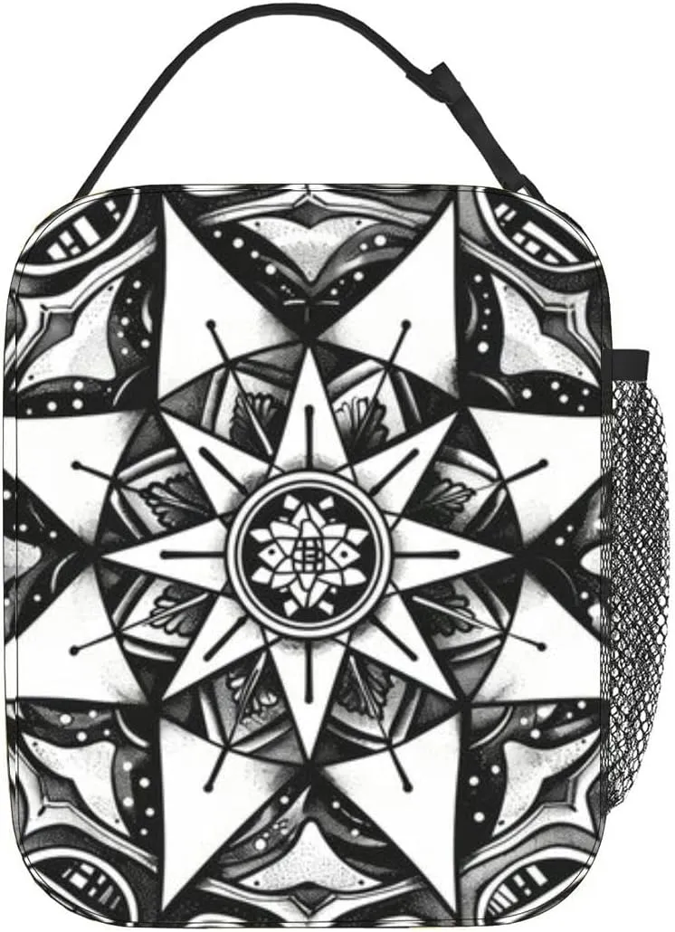 Cartoon cute doodles a mandala sacred geometry patterns like hexagons Insulated Iunch Bag for Men Woman Large Portable Waterproof Reusable Thermal Lunch Box with Pockets for Work Travel Picnic