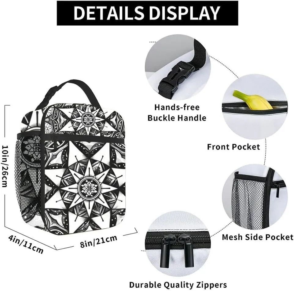 Cartoon cute doodles a mandala sacred geometry patterns like hexagons Insulated Iunch Bag for Men Woman Large Portable Waterproof Reusable Thermal Lunch Box with Pockets for Work Travel Picnic