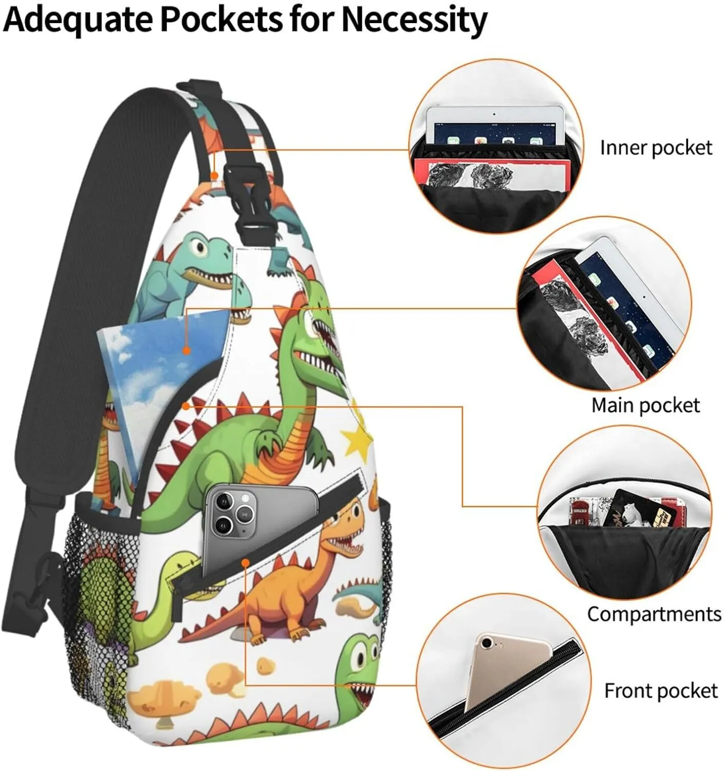 Cartoon Dinosaur Images Print Sling Backpack, Sling Bag, Crossbody Chest Bag Daypack, for Hiking Travel