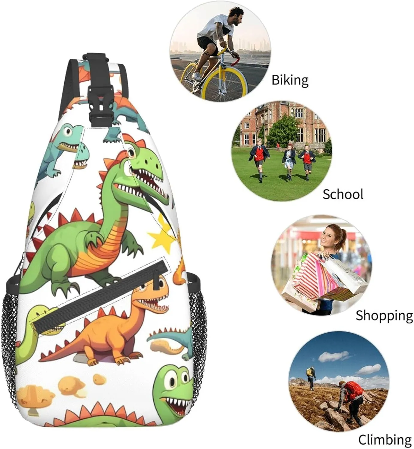 Cartoon Dinosaur Images Print Sling Backpack, Sling Bag, Crossbody Chest Bag Daypack, for Hiking Travel