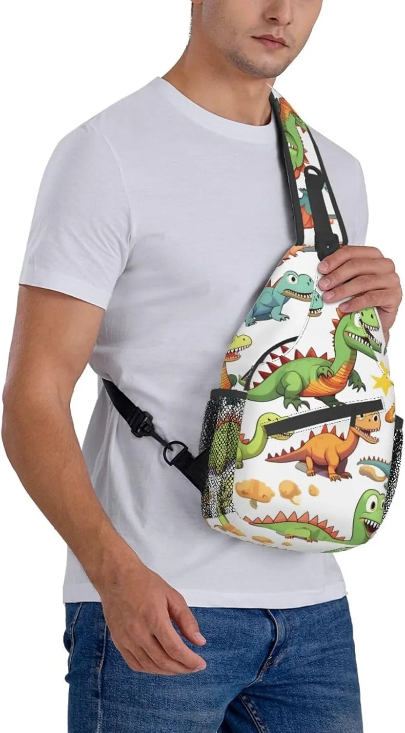 Cartoon Dinosaur Images Print Sling Backpack, Sling Bag, Crossbody Chest Bag Daypack, for Hiking Travel