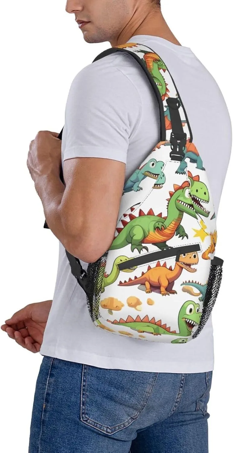 Cartoon Dinosaur Images Print Sling Backpack, Sling Bag, Crossbody Chest Bag Daypack, for Hiking Travel
