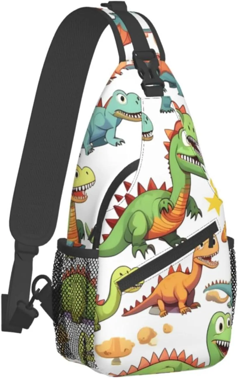 Cartoon Dinosaur Images Print Sling Backpack, Sling Bag, Crossbody Chest Bag Daypack, for Hiking Travel