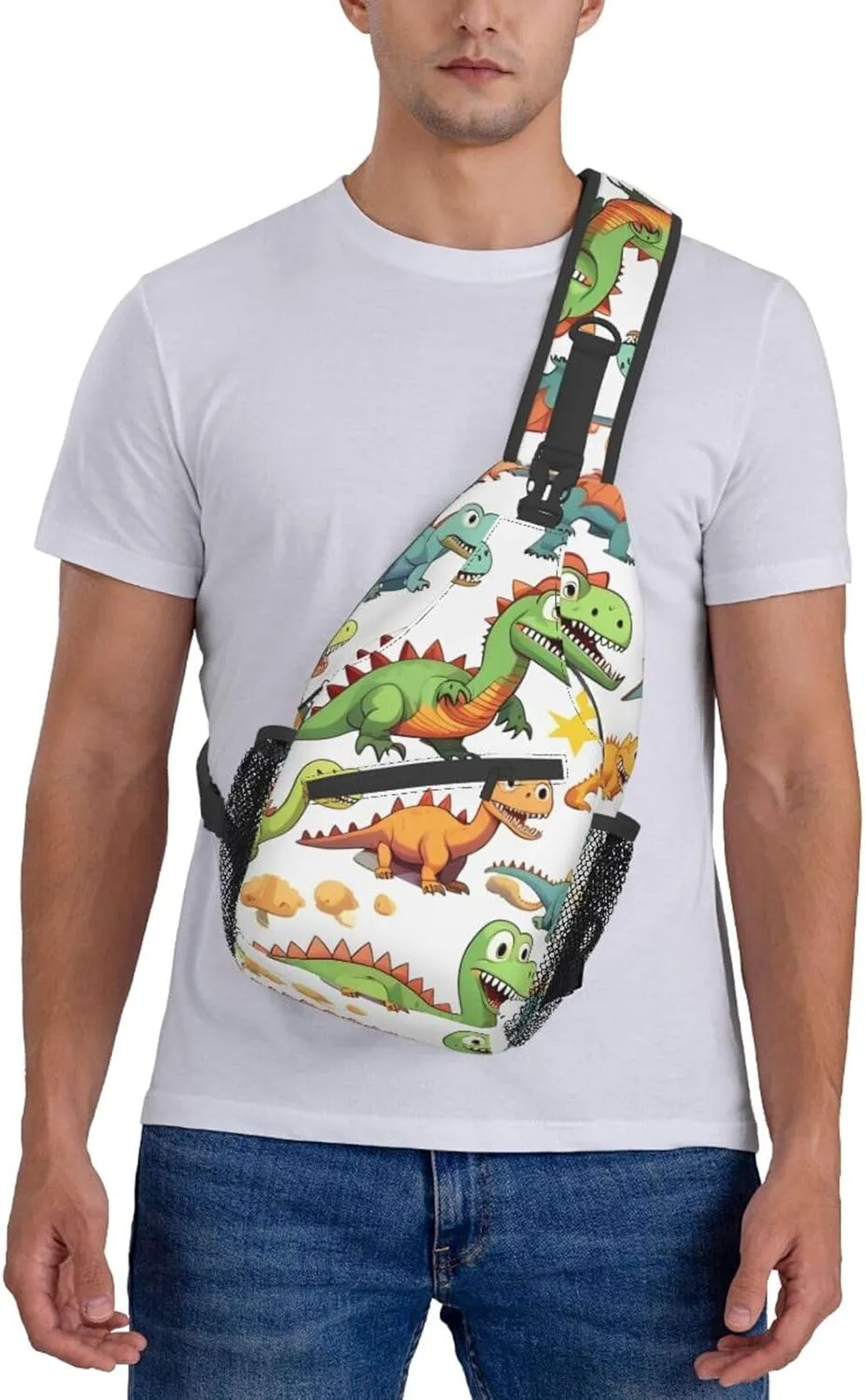 Cartoon Dinosaur Images Print Sling Backpack, Sling Bag, Crossbody Chest Bag Daypack, for Hiking Travel