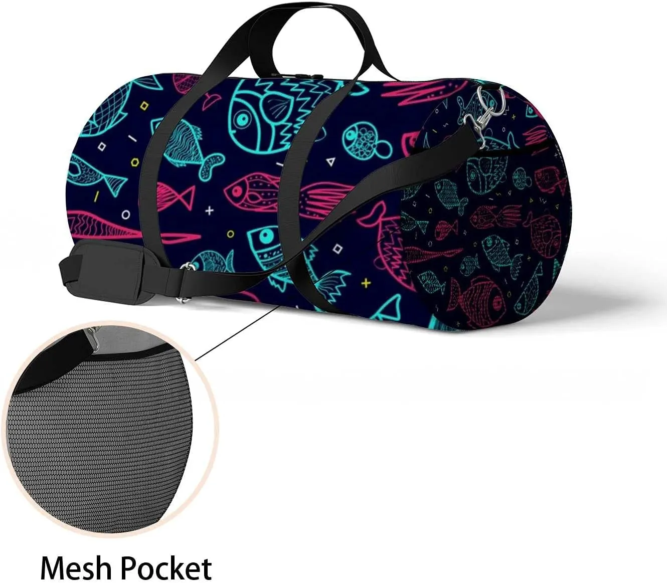 Cartoon Fish Sports Duffel Bag Travel Gym Tote Bags Lightweight Durable Shoulder Strap Waterproof Polyester Outside Mesh Pocket Overnight Trip Duffel Bag for Women Men