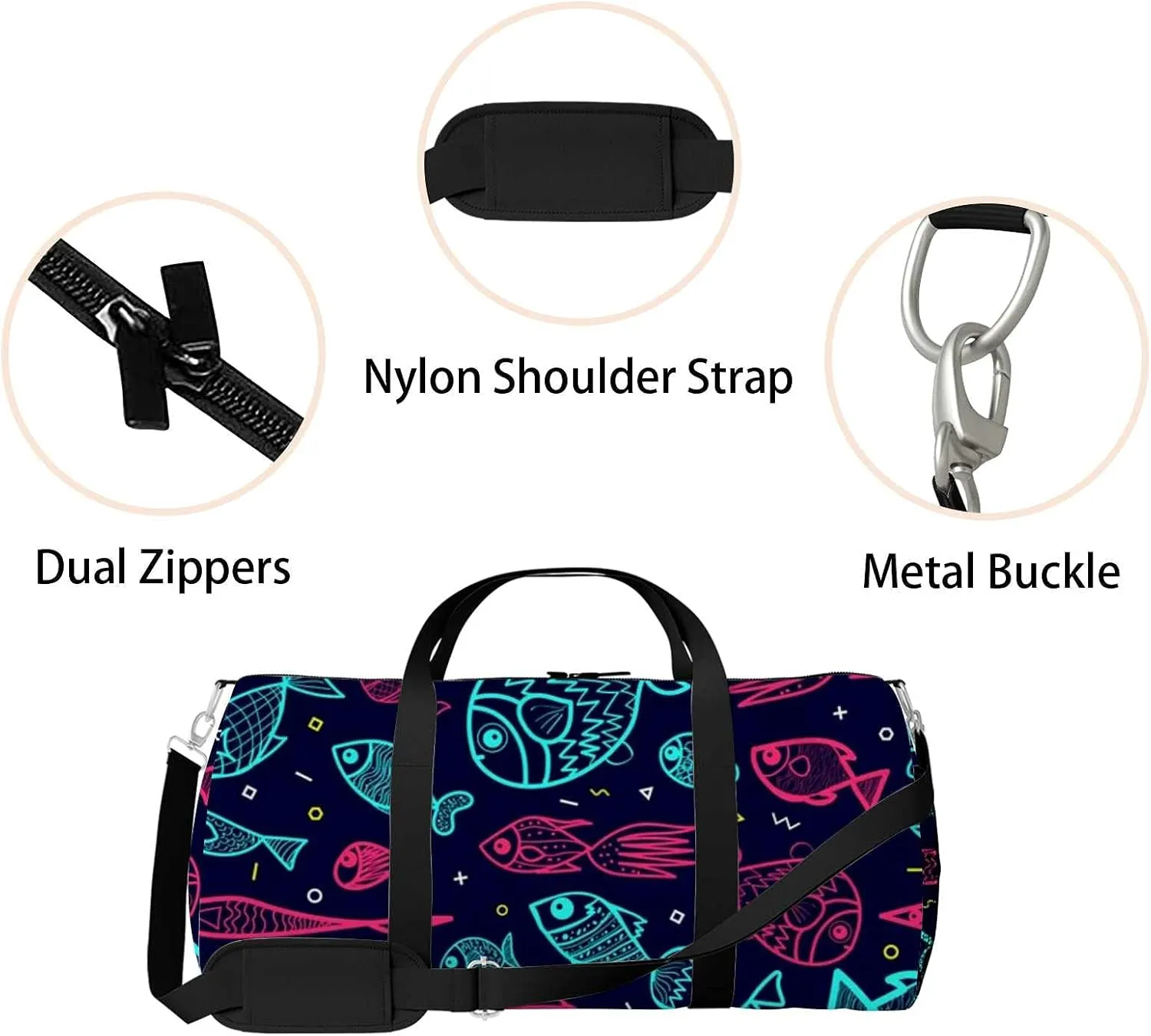Cartoon Fish Sports Duffel Bag Travel Gym Tote Bags Lightweight Durable Shoulder Strap Waterproof Polyester Outside Mesh Pocket Overnight Trip Duffel Bag for Women Men