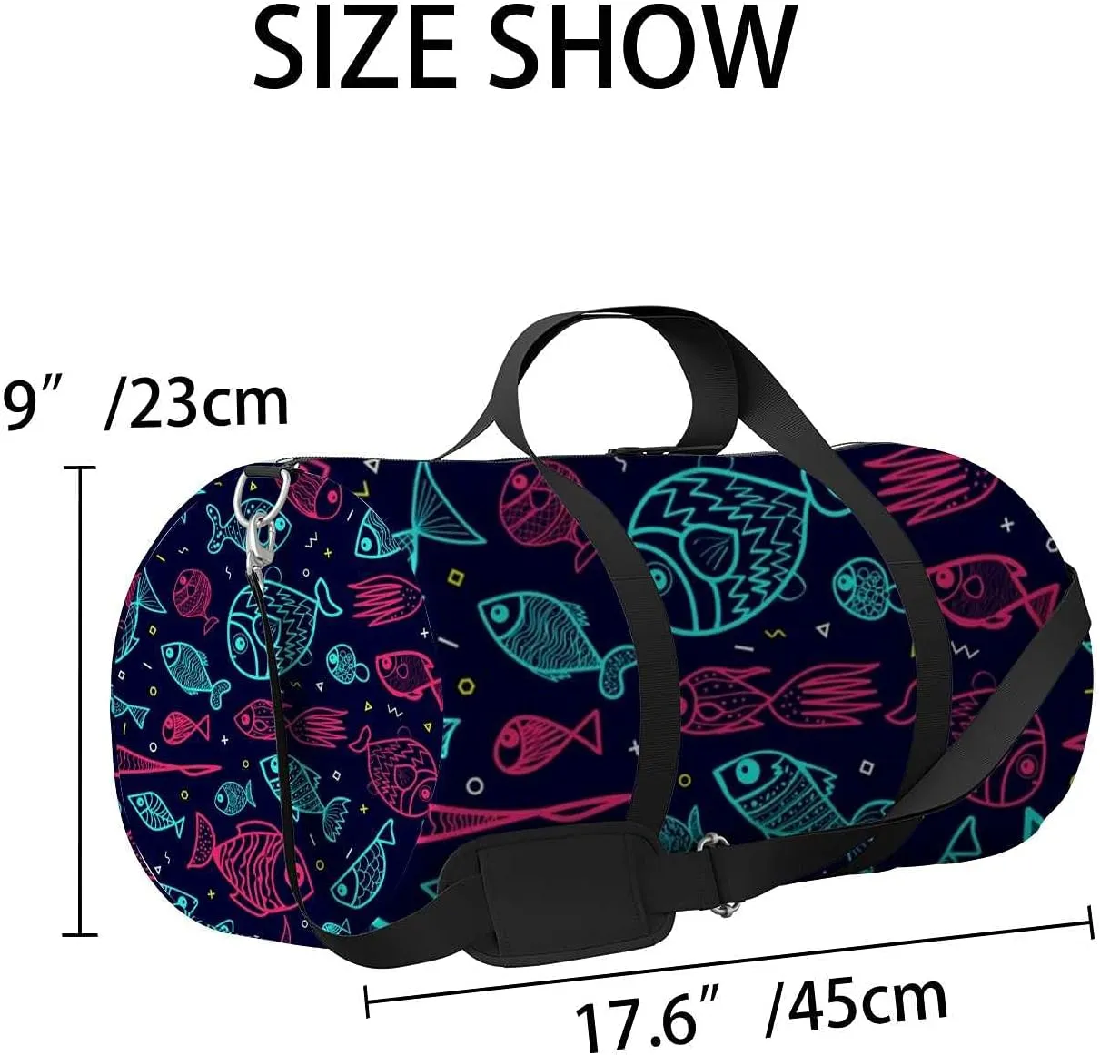 Cartoon Fish Sports Duffel Bag Travel Gym Tote Bags Lightweight Durable Shoulder Strap Waterproof Polyester Outside Mesh Pocket Overnight Trip Duffel Bag for Women Men