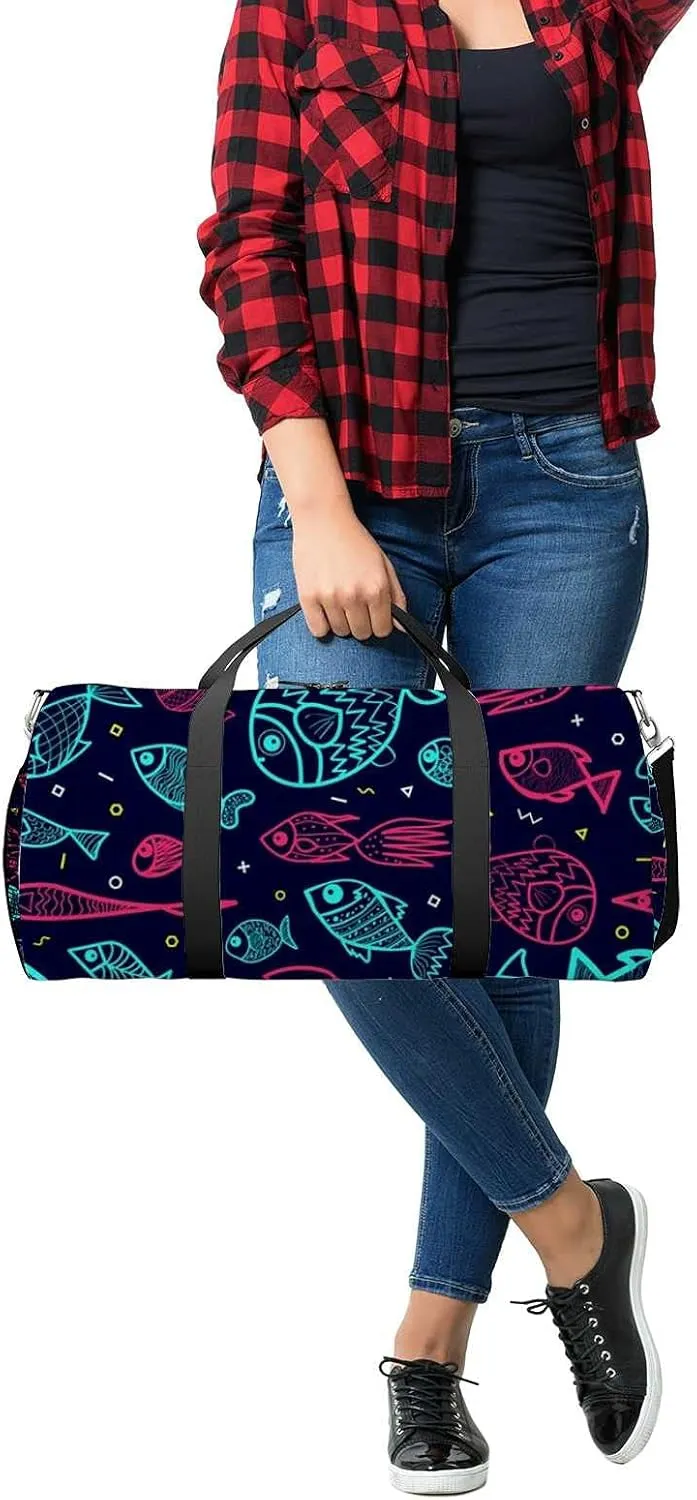 Cartoon Fish Sports Duffel Bag Travel Gym Tote Bags Lightweight Durable Shoulder Strap Waterproof Polyester Outside Mesh Pocket Overnight Trip Duffel Bag for Women Men
