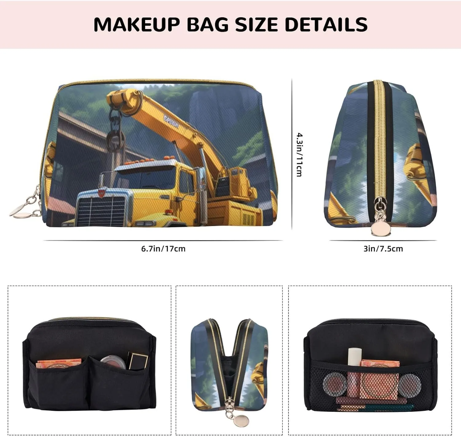 Cartoon Heavy Machinery Truck Printed Small Makeup Bag,Travel Cosmetic Bag Purse with Zipper,Water-resistant Makeup Organizer Bag for Women