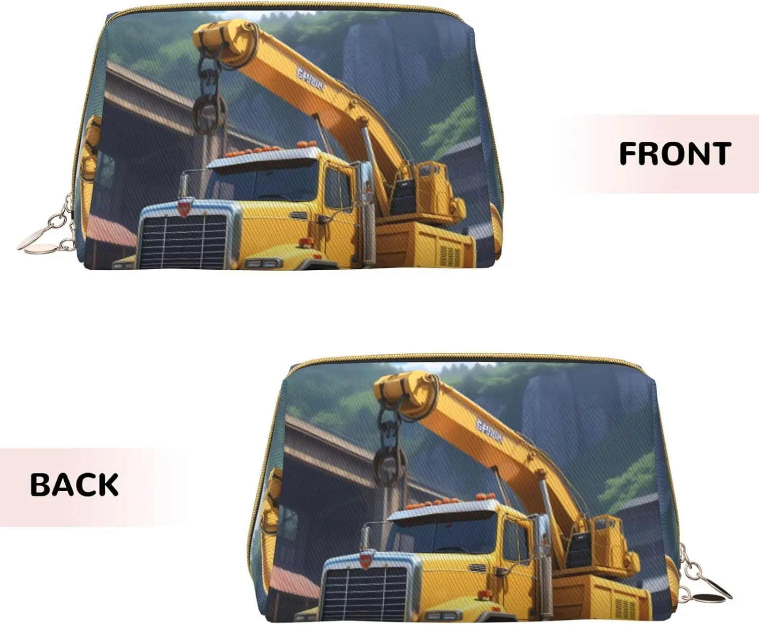 Cartoon Heavy Machinery Truck Printed Small Makeup Bag,Travel Cosmetic Bag Purse with Zipper,Water-resistant Makeup Organizer Bag for Women