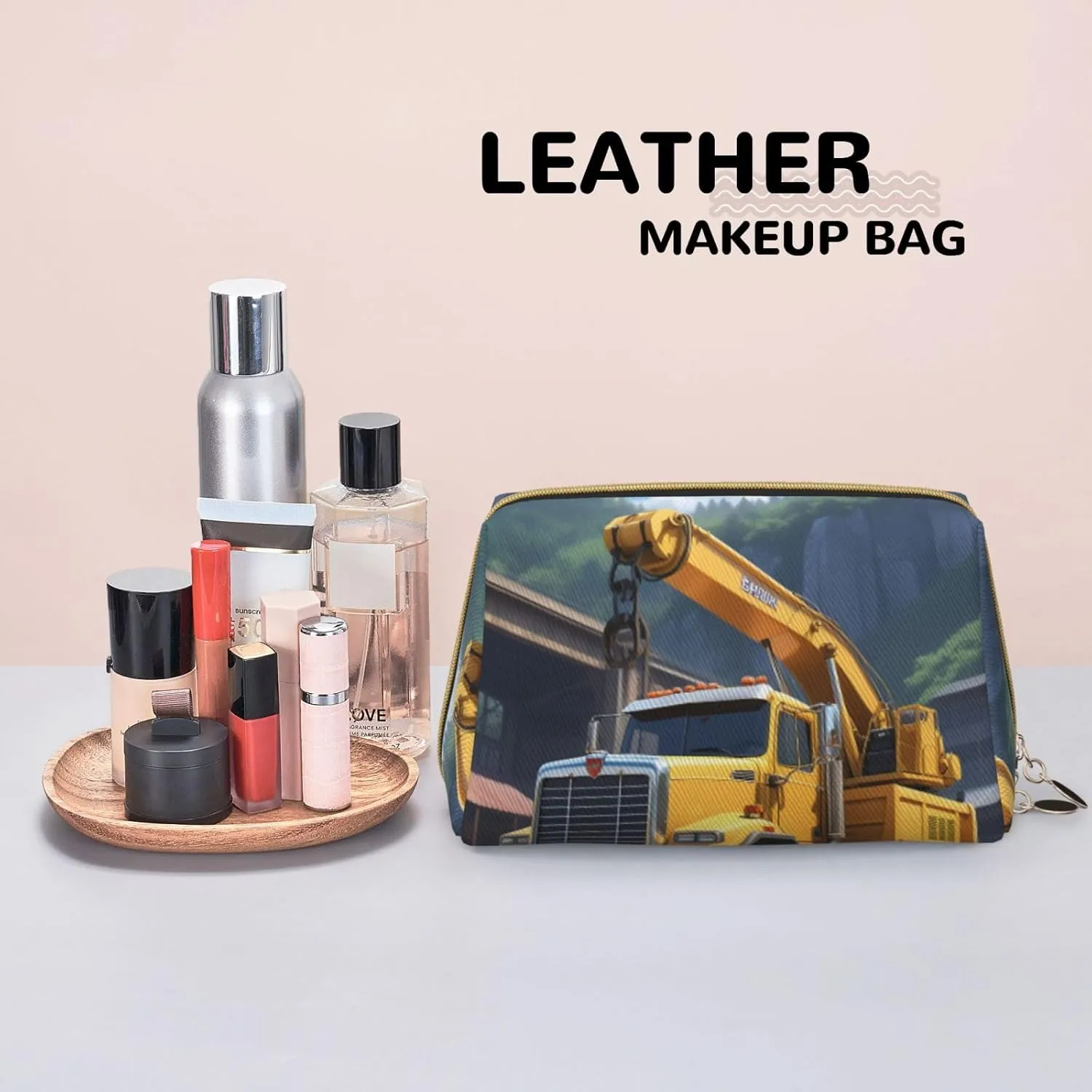 Cartoon Heavy Machinery Truck Printed Small Makeup Bag,Travel Cosmetic Bag Purse with Zipper,Water-resistant Makeup Organizer Bag for Women