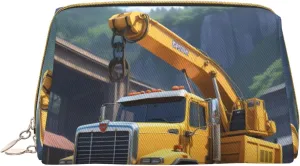 Cartoon Heavy Machinery Truck Printed Small Makeup Bag,Travel Cosmetic Bag Purse with Zipper,Water-resistant Makeup Organizer Bag for Women