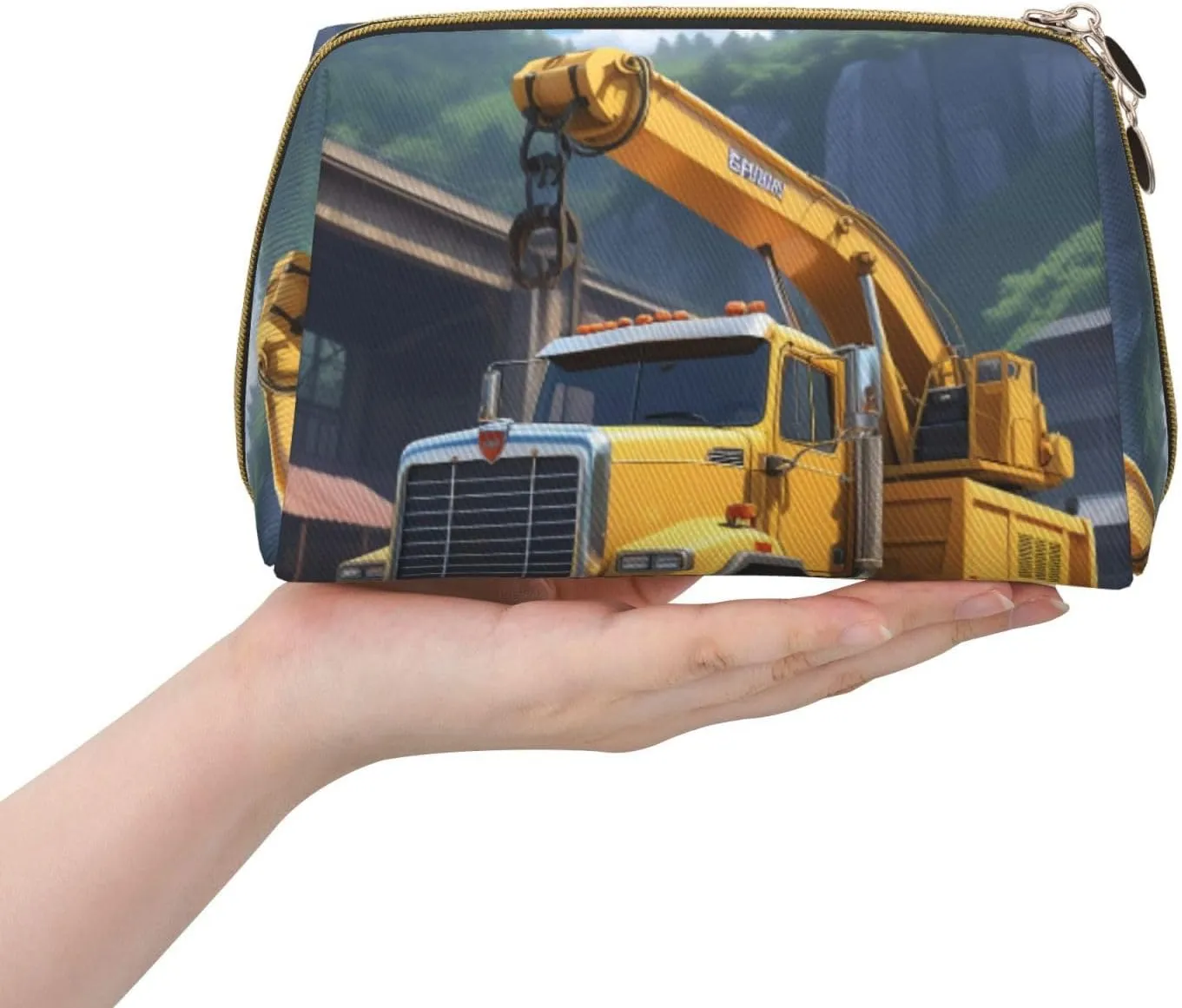 Cartoon Heavy Machinery Truck Printed Small Makeup Bag,Travel Cosmetic Bag Purse with Zipper,Water-resistant Makeup Organizer Bag for Women