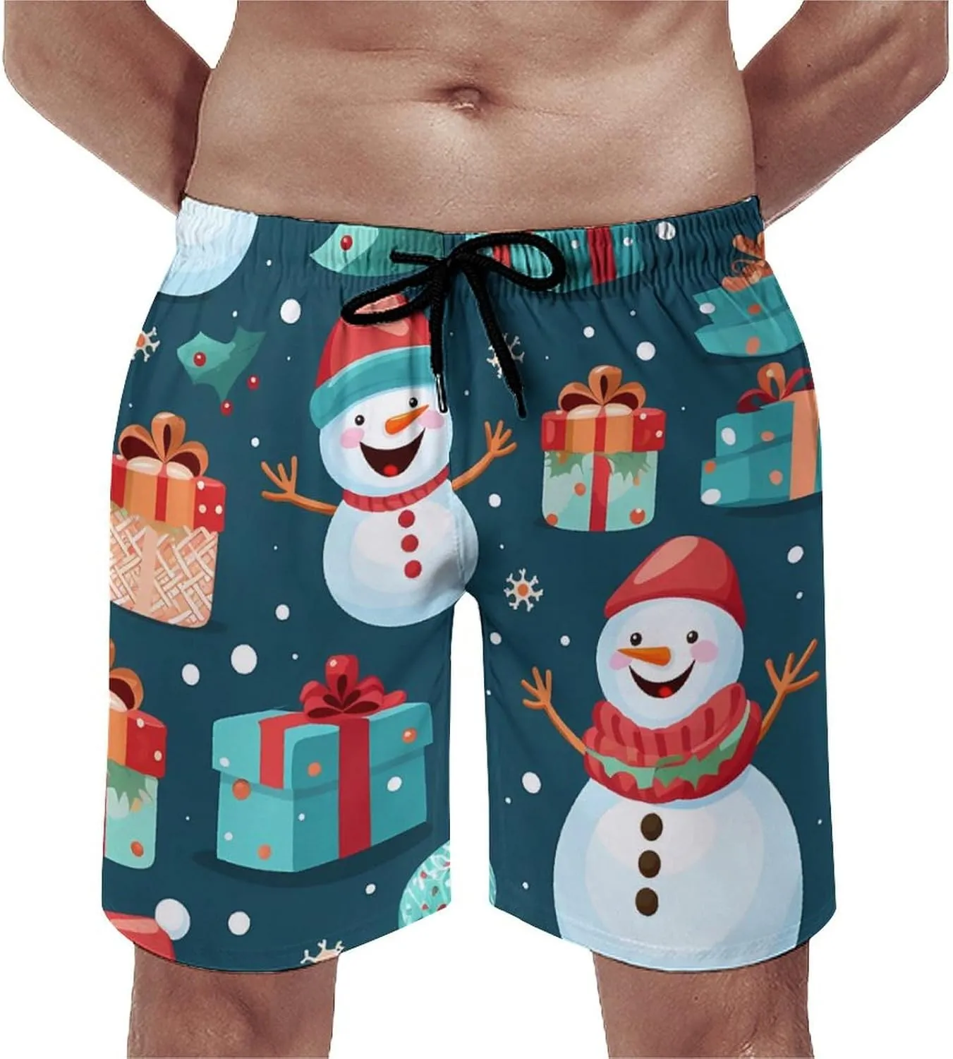 Cartoon Snowman Gifts Men's Swim Trunks Quick Dry Hawaii Board Shorts Bathing Suits Beachwear with Mesh Lining