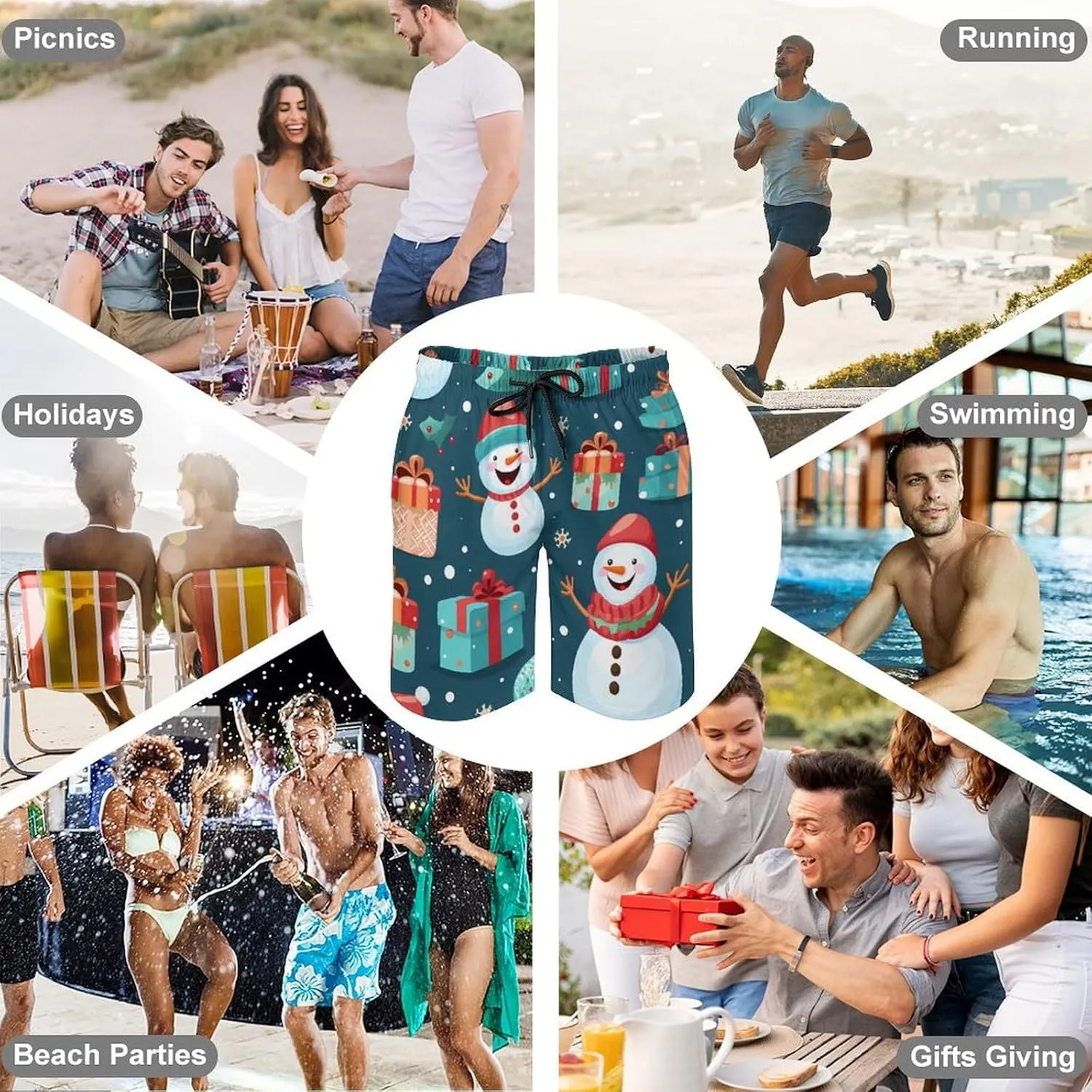 Cartoon Snowman Gifts Men's Swim Trunks Quick Dry Hawaii Board Shorts Bathing Suits Beachwear with Mesh Lining