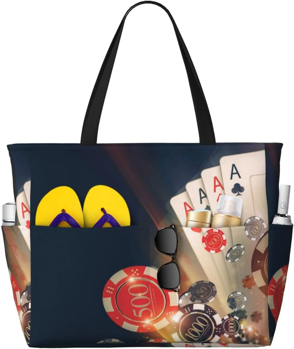Casino Poker Chips Large Beach Tote Bag for Women Extra Large Capacity Waterproof Sandproof Pool Bag Suitable for Gym Swimming Pool Travel Groceries
