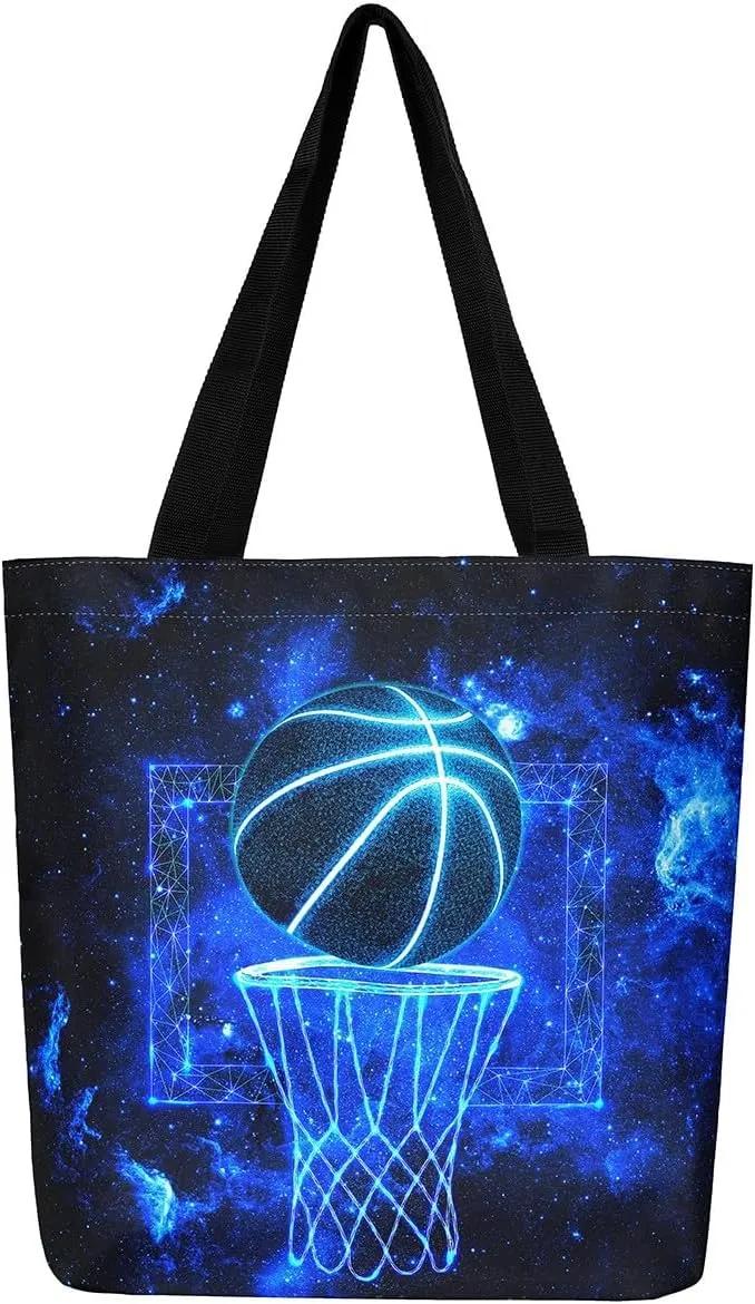 Castle Fairy Basketball Canvas Tote Bag Neon Light Lines Aesthetic Tote Bag for Adults Men Shopping Gym 19.7x5.1 Inch