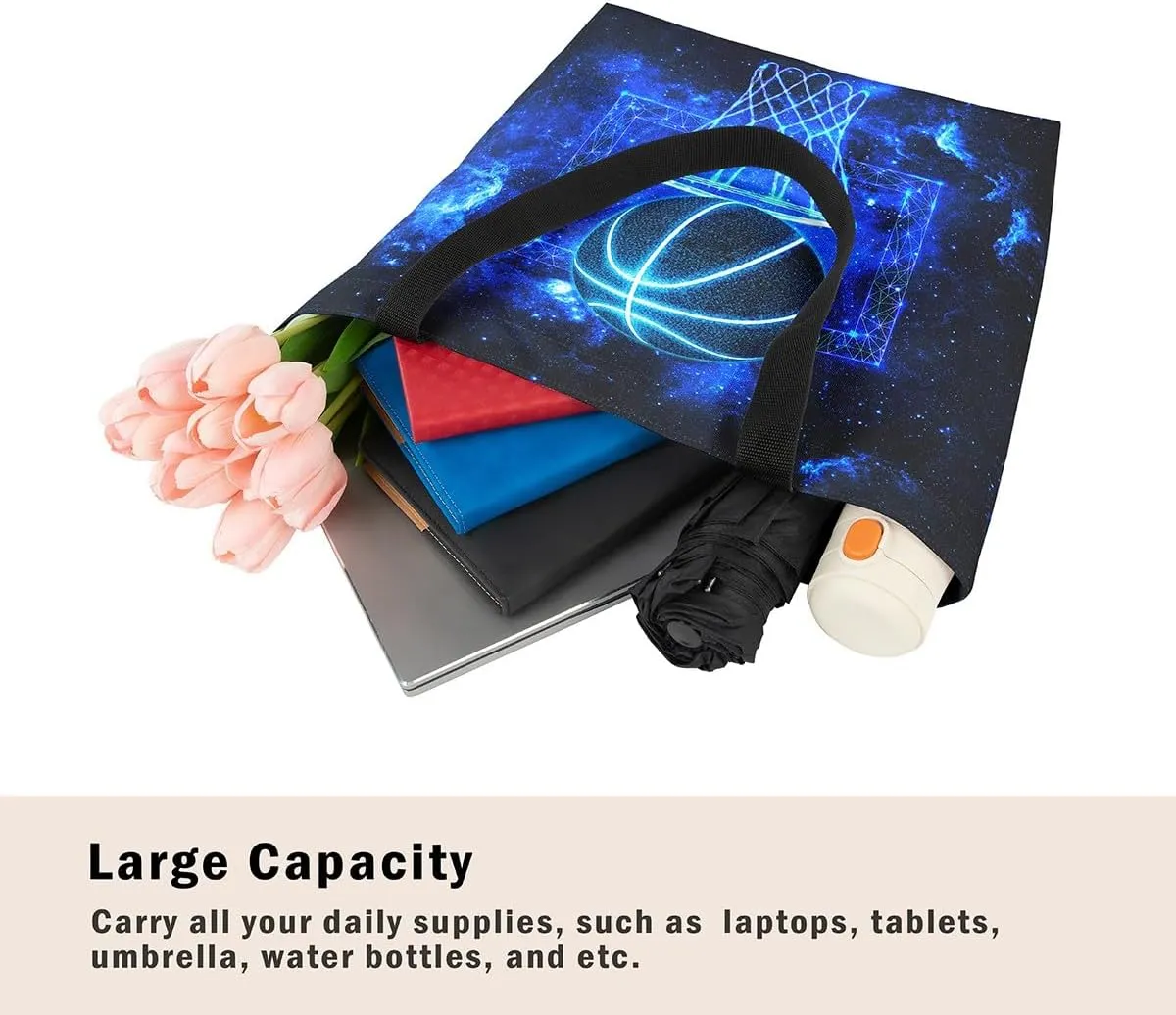 Castle Fairy Basketball Canvas Tote Bag Neon Light Lines Aesthetic Tote Bag for Adults Men Shopping Gym 19.7x5.1 Inch