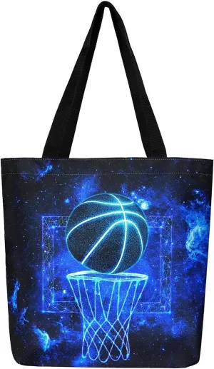 Castle Fairy Basketball Canvas Tote Bag Neon Light Lines Aesthetic Tote Bag for Adults Men Shopping Gym 19.7x5.1 Inch