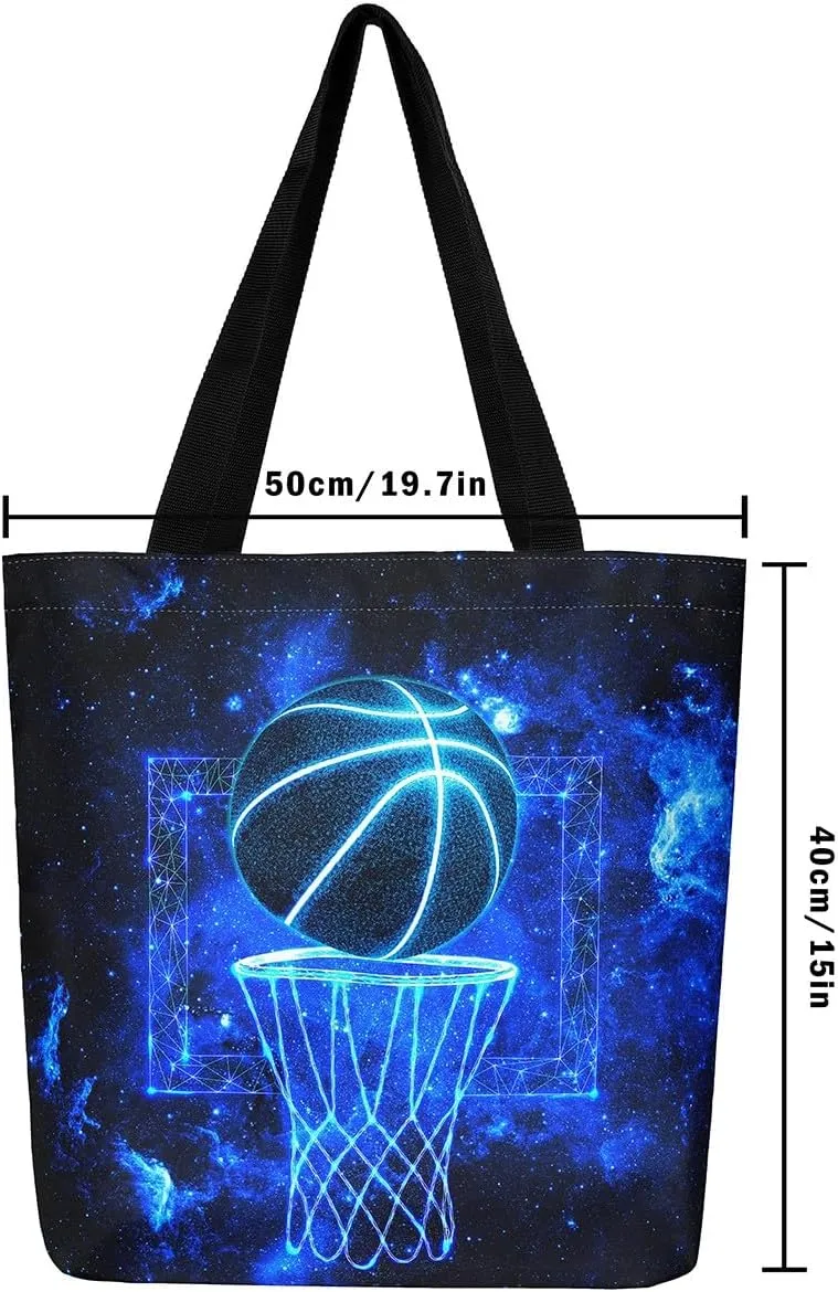 Castle Fairy Basketball Canvas Tote Bag Neon Light Lines Aesthetic Tote Bag for Adults Men Shopping Gym 19.7x5.1 Inch