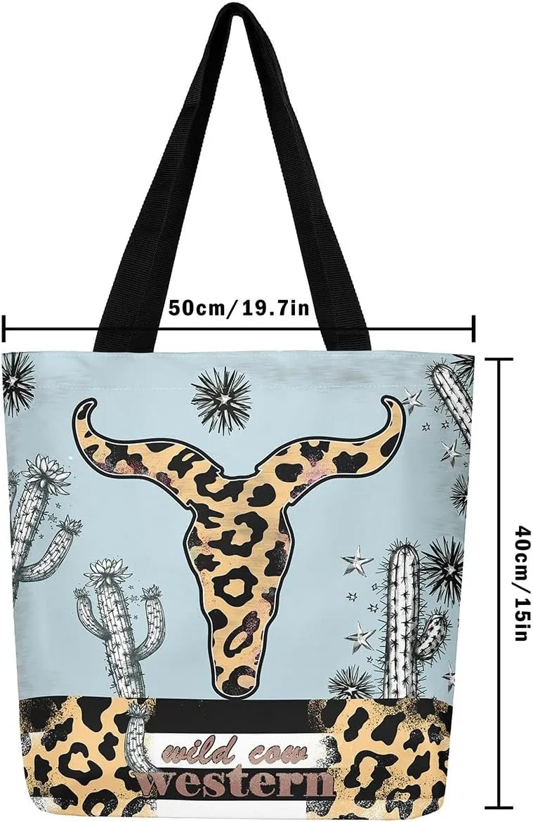 Castle Fairy Southwestern Cow Skull Canvas Tote Bag for Adults Retro Tribal Boho Aesthetic Shoulder Handbag for Shopping Gym