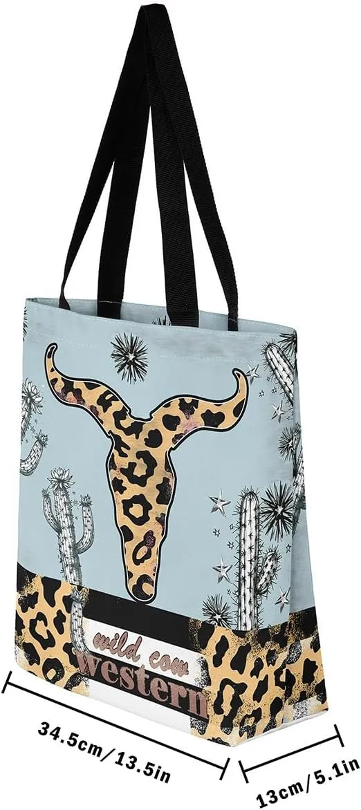 Castle Fairy Southwestern Cow Skull Canvas Tote Bag for Adults Retro Tribal Boho Aesthetic Shoulder Handbag for Shopping Gym