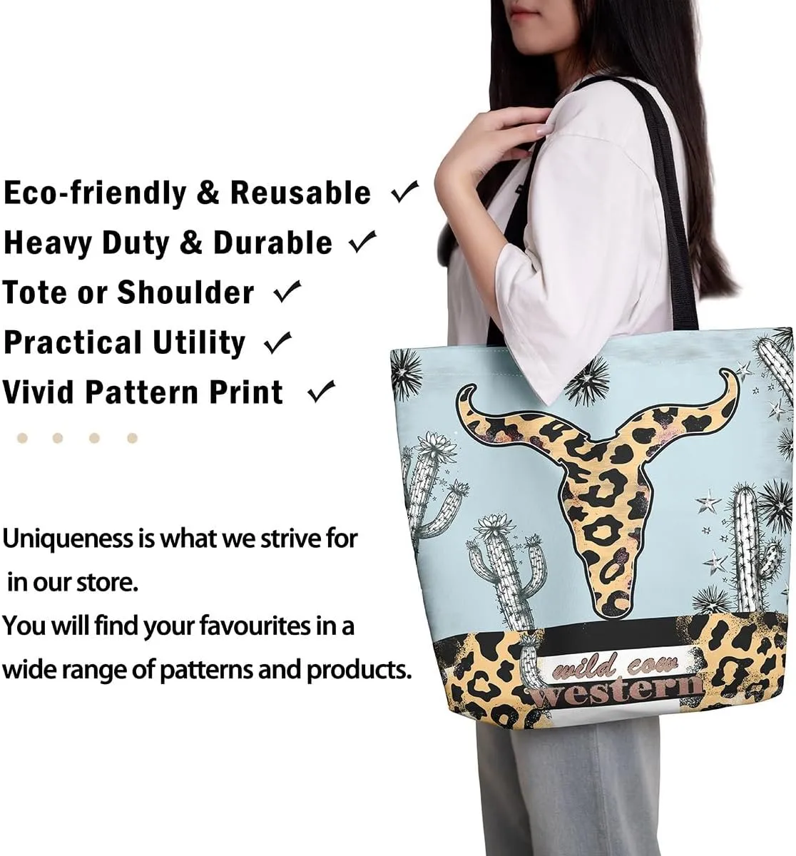 Castle Fairy Southwestern Cow Skull Canvas Tote Bag for Adults Retro Tribal Boho Aesthetic Shoulder Handbag for Shopping Gym