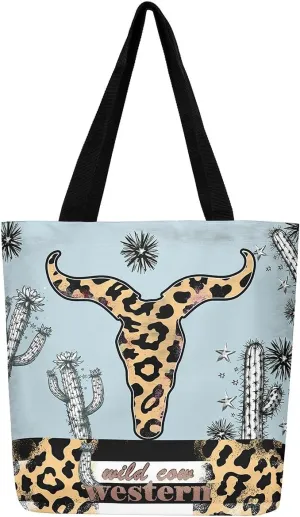 Castle Fairy Southwestern Cow Skull Canvas Tote Bag for Adults Retro Tribal Boho Aesthetic Shoulder Handbag for Shopping Gym