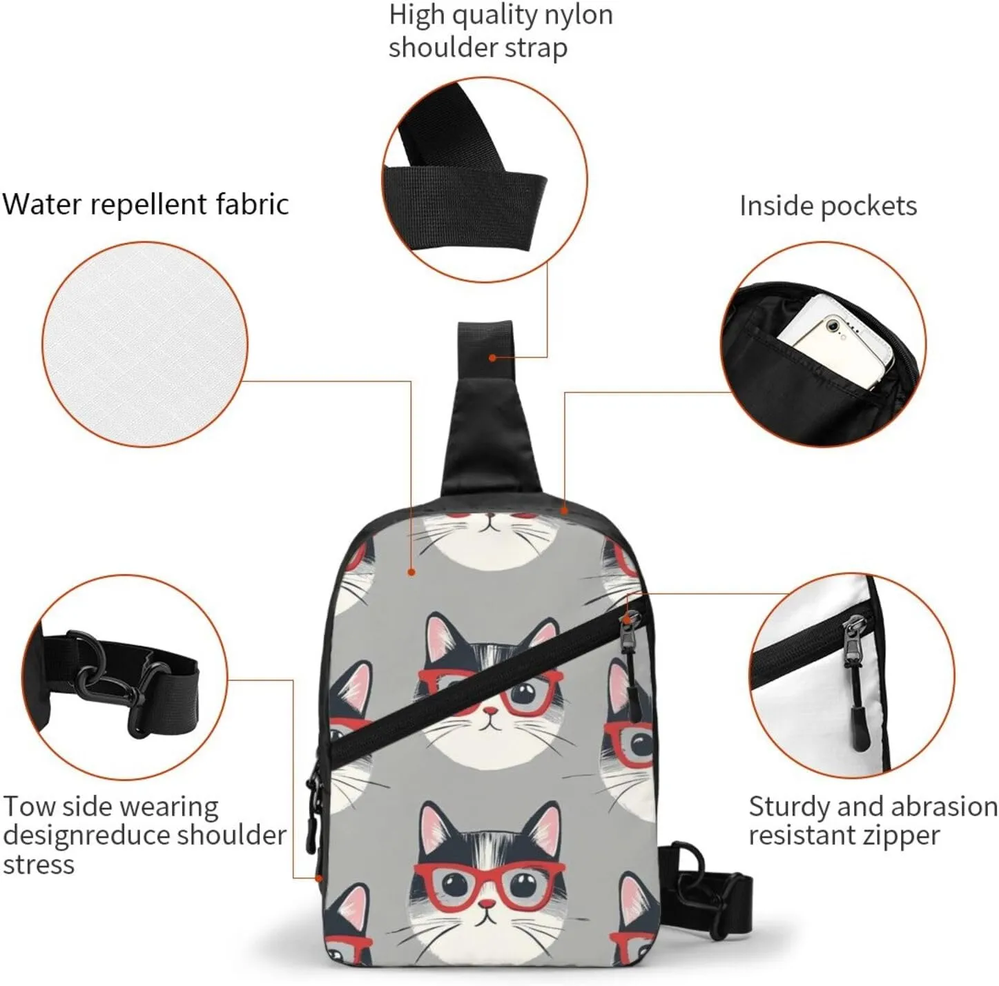 Cat Print Crossbody Bags For Women, Sling Bag For Men, Hiking Backpack Lightweight For Casual Outdoor Travel