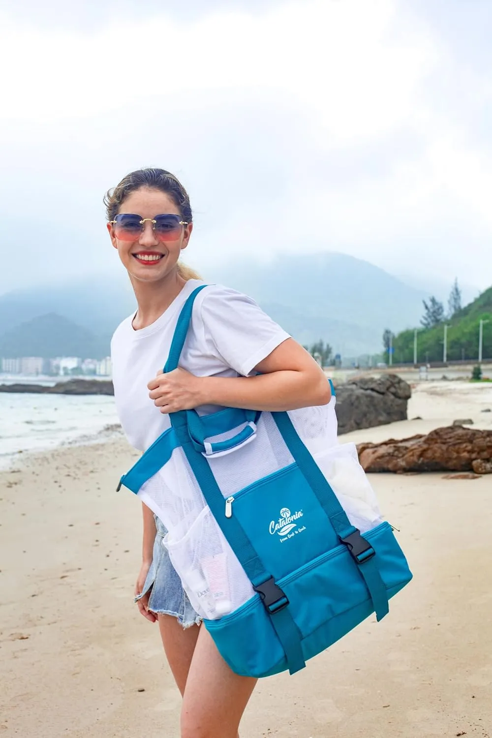 Catalonia Large Beach Tote with Cooler, Mesh Bag for Women, Sandproof, Ideal for Family Beach Trips & Vacation Essentials