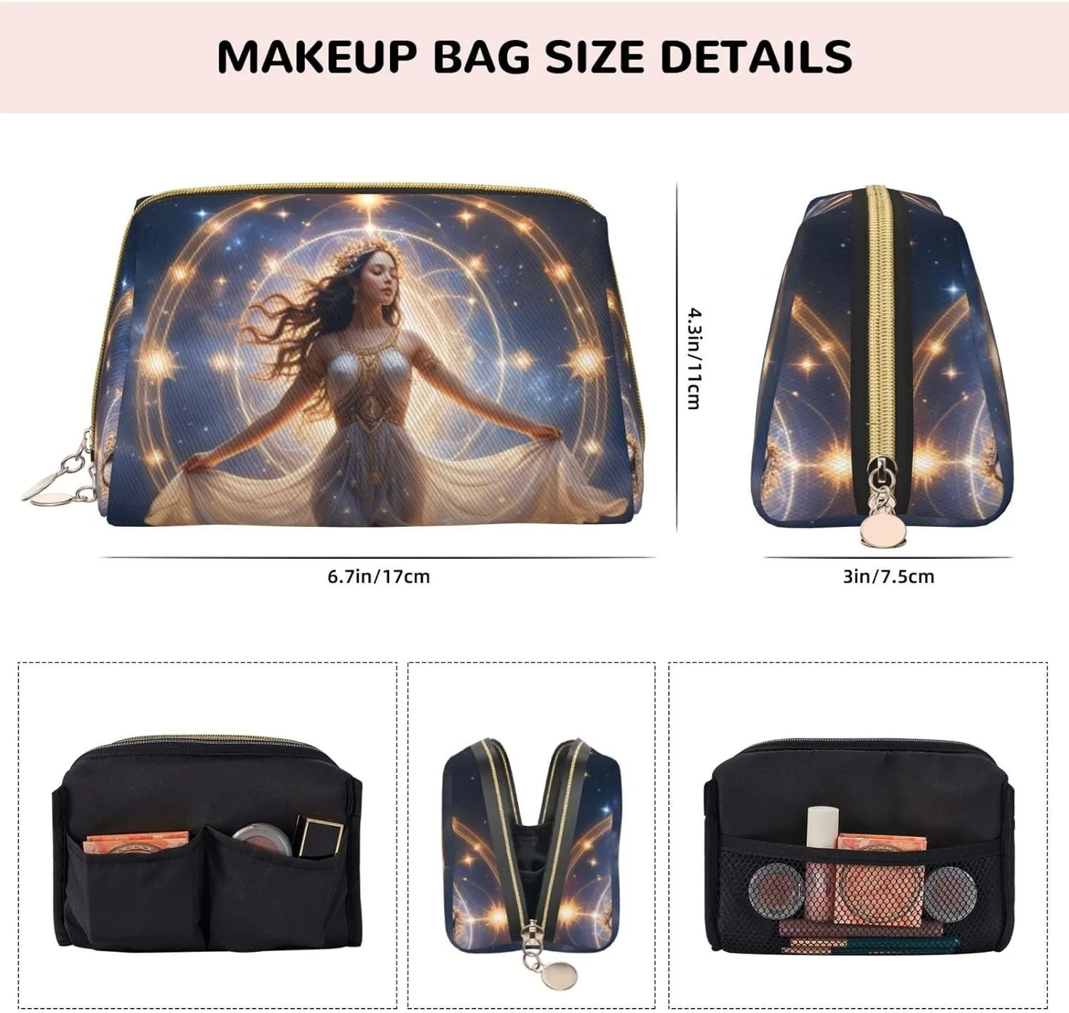 Celestial Dance Printed Small Makeup Bag,Travel Cosmetic Bag Purse with Zipper,Water-resistant Makeup Organizer Bag for Women