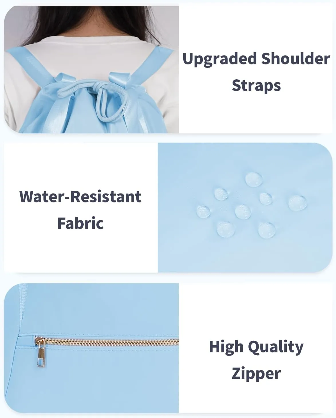 Ceneda Drawstring Backpack String Bag for Women Men Water Resistant Drawstring Bags Gym Sack with Two Zipper Pockets Sports Gym Bag (Light Blue)