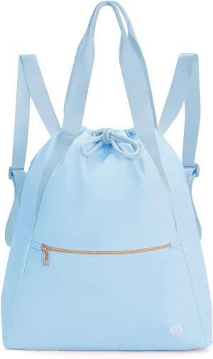 Ceneda Drawstring Backpack String Bag for Women Men Water Resistant Drawstring Bags Gym Sack with Two Zipper Pockets Sports Gym Bag (Light Blue)