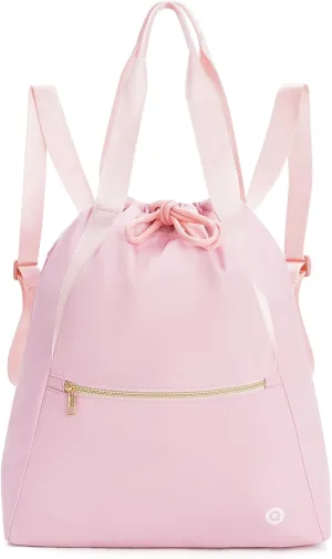 Ceneda Drawstring Backpack String Bag for Women Men Water Resistant Drawstring Bags Gym Sack with Two Zipper Pockets Sports Gym Bag (Pink)