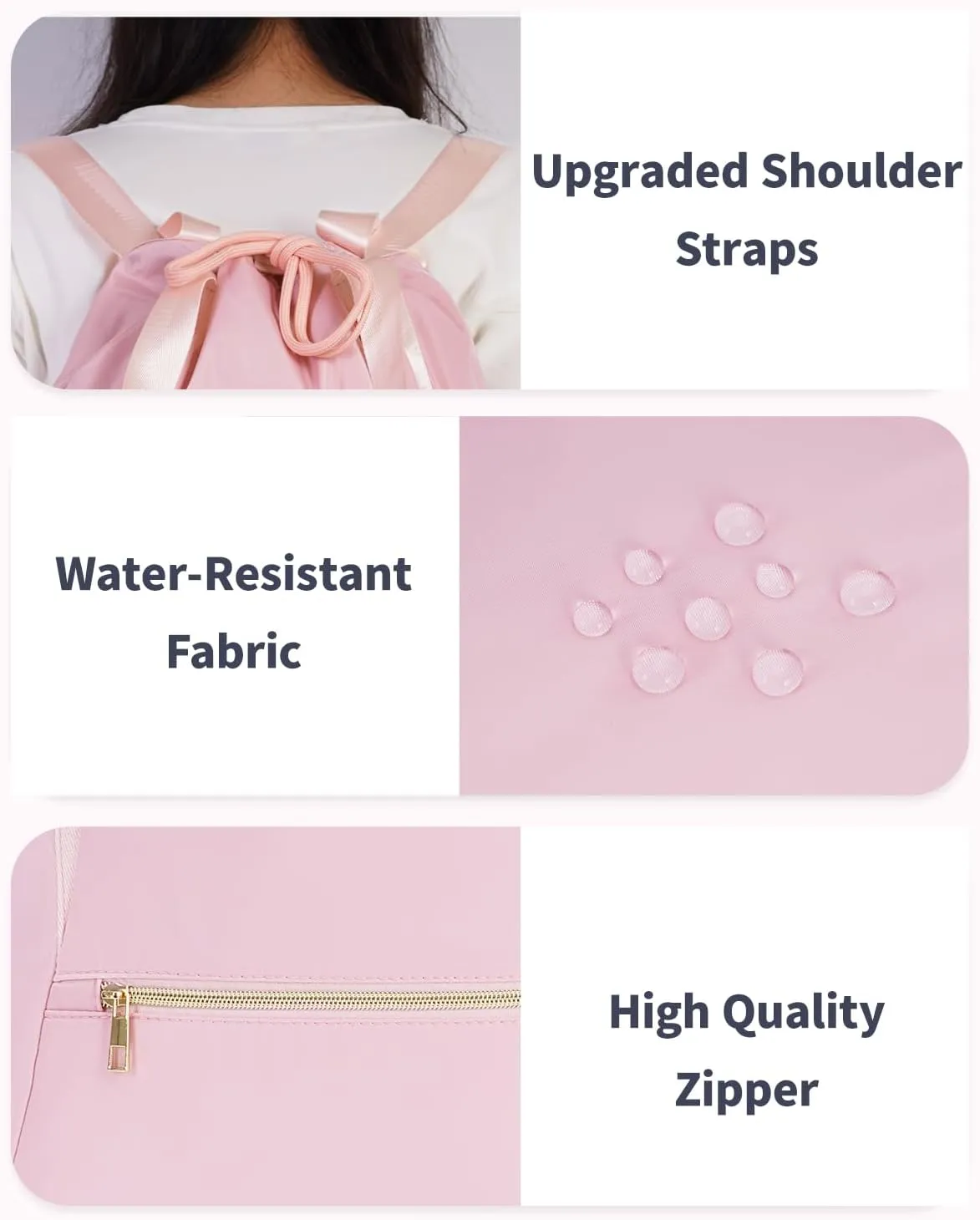 Ceneda Drawstring Backpack String Bag for Women Men Water Resistant Drawstring Bags Gym Sack with Two Zipper Pockets Sports Gym Bag (Pink)