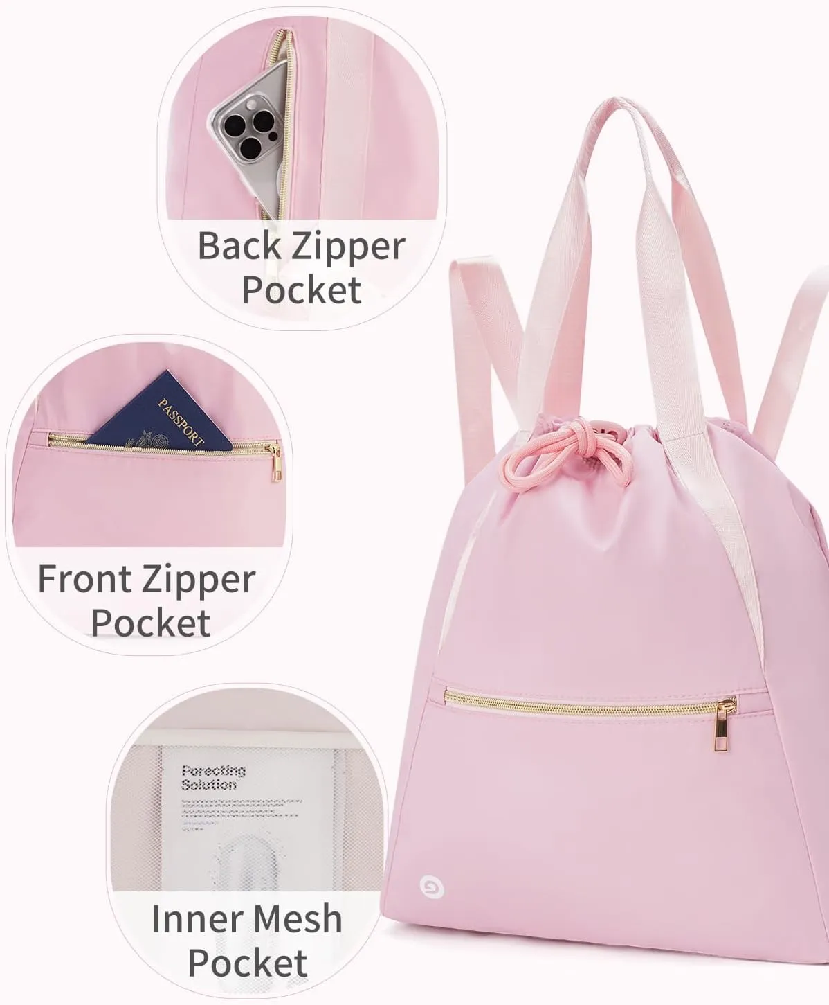 Ceneda Drawstring Backpack String Bag for Women Men Water Resistant Drawstring Bags Gym Sack with Two Zipper Pockets Sports Gym Bag (Pink)