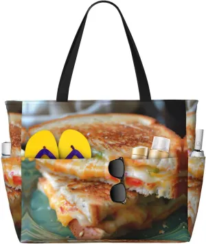 Cheese Sandwiches Print Stylish Beach Tote Bag,Large Capacity Handbag,Perfect For Women'S Vacation And Daily Use