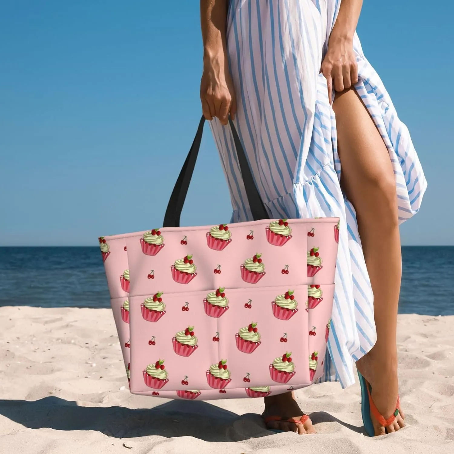 Cherry Cake Spacious Large Capacity Beach Travel Bag - Foldable Beach Bag Tote Bag With Zipper