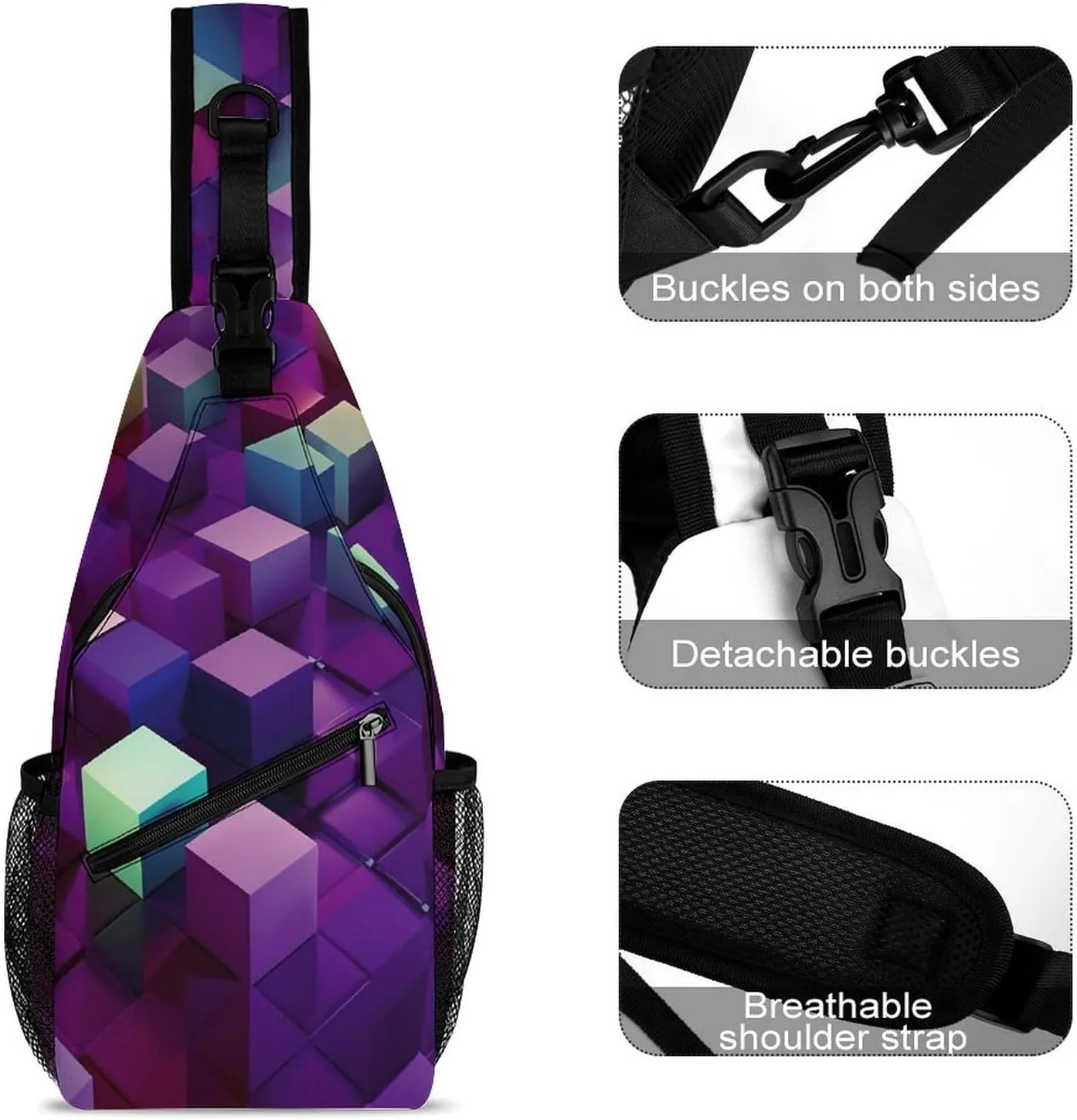 Chest Bag Sling Bag for Men Women Abstract Color Cubes Purple Sport Sling Backpack Lightweight Shoulder Bag for Travel, 38x20cm