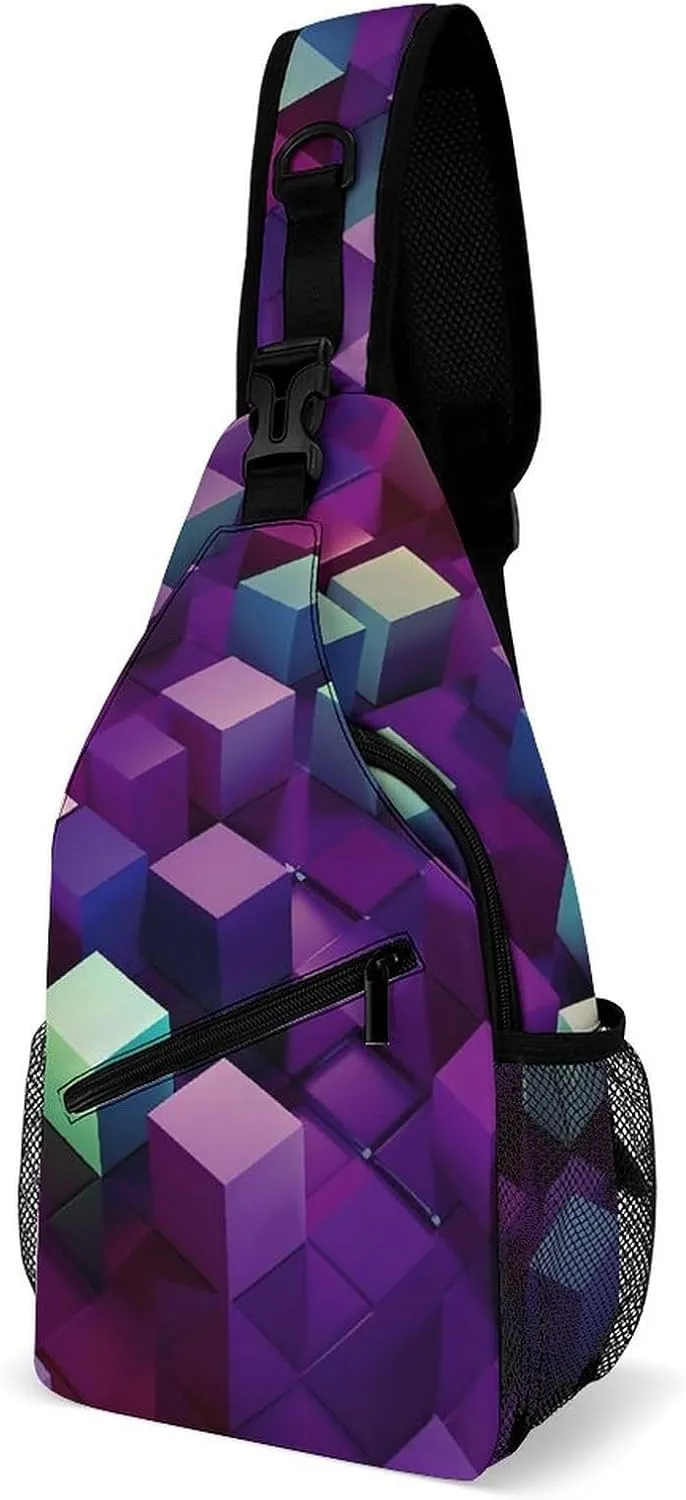 Chest Bag Sling Bag for Men Women Abstract Color Cubes Purple Sport Sling Backpack Lightweight Shoulder Bag for Travel, 38x20cm