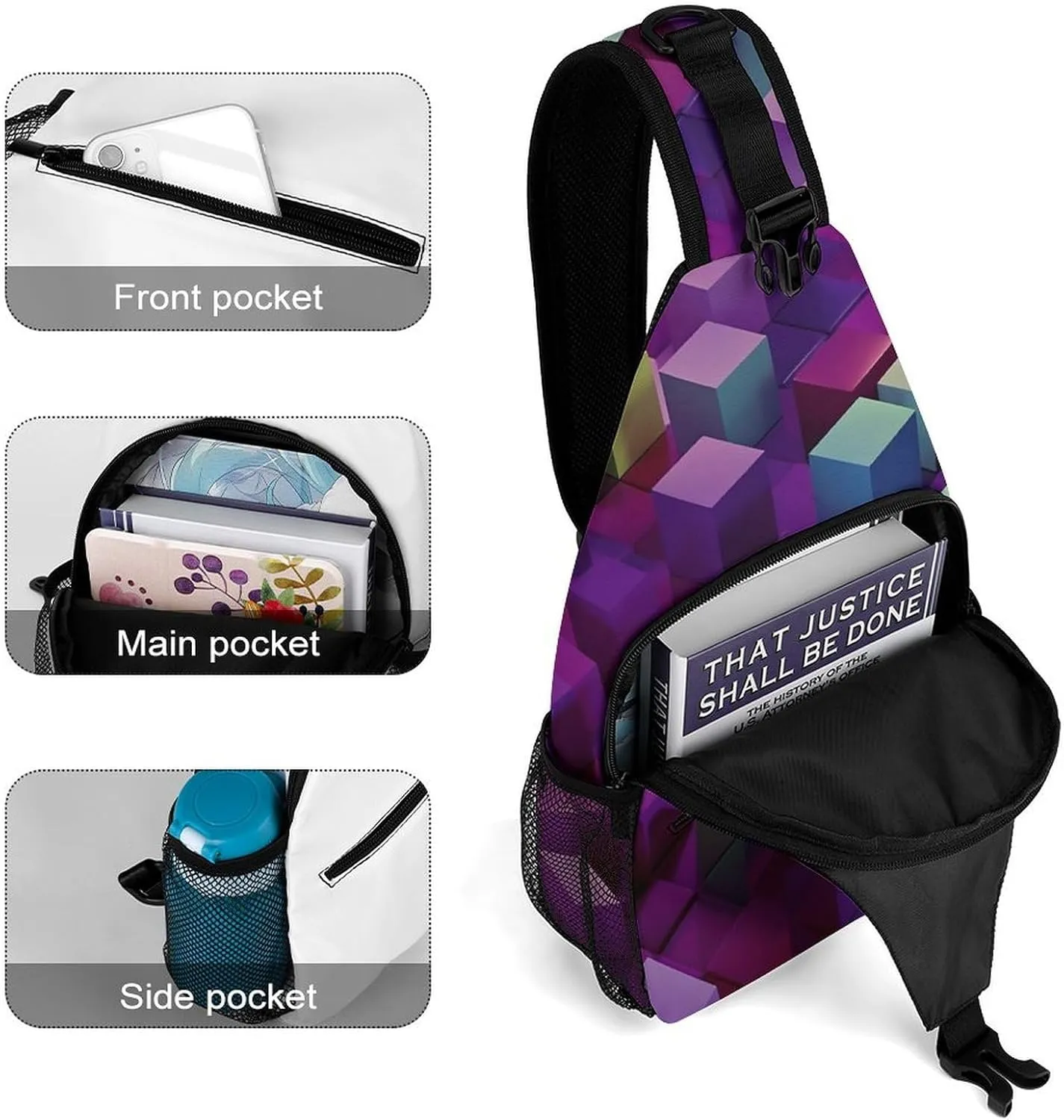 Chest Bag Sling Bag for Men Women Abstract Color Cubes Purple Sport Sling Backpack Lightweight Shoulder Bag for Travel, 38x20cm