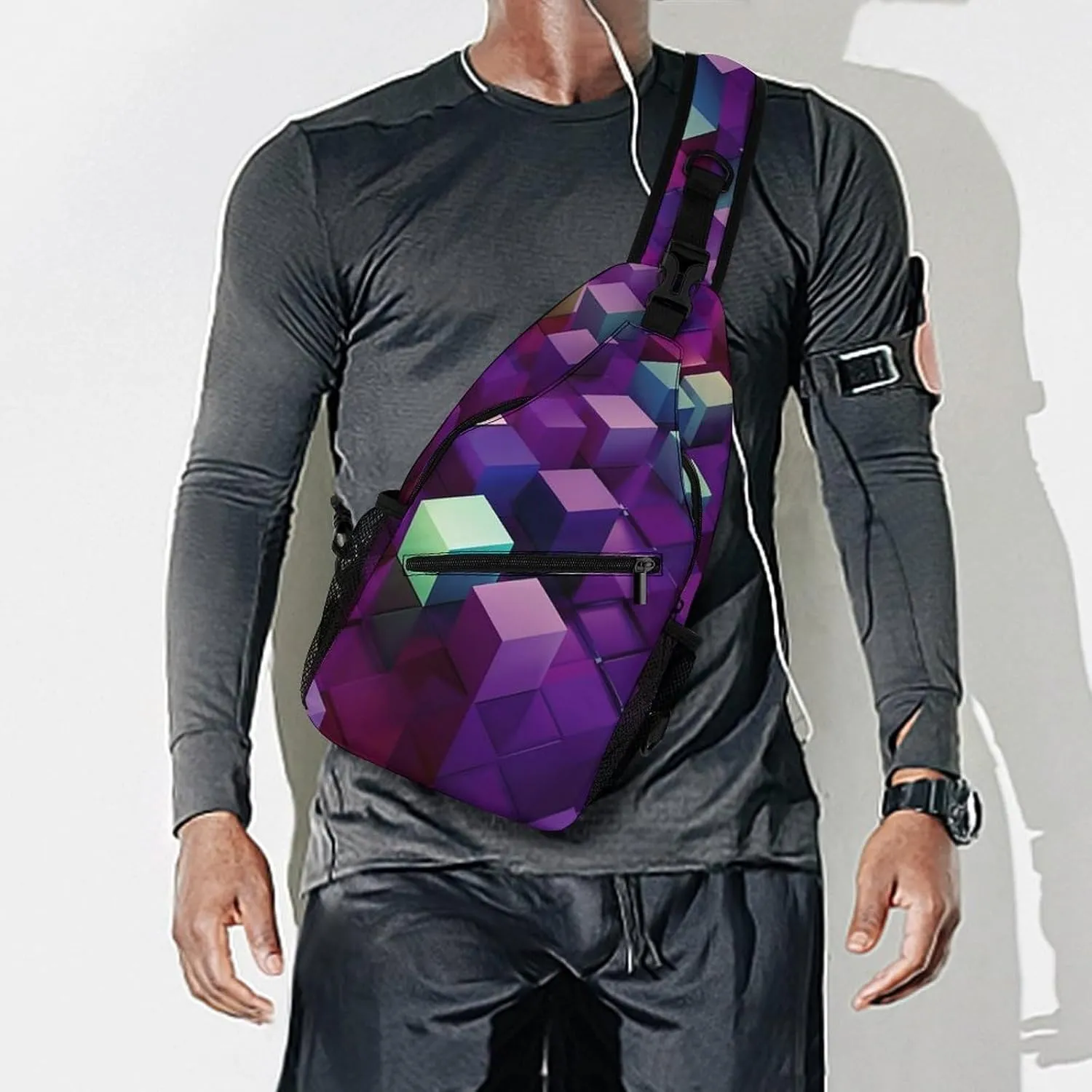 Chest Bag Sling Bag for Men Women Abstract Color Cubes Purple Sport Sling Backpack Lightweight Shoulder Bag for Travel, 38x20cm