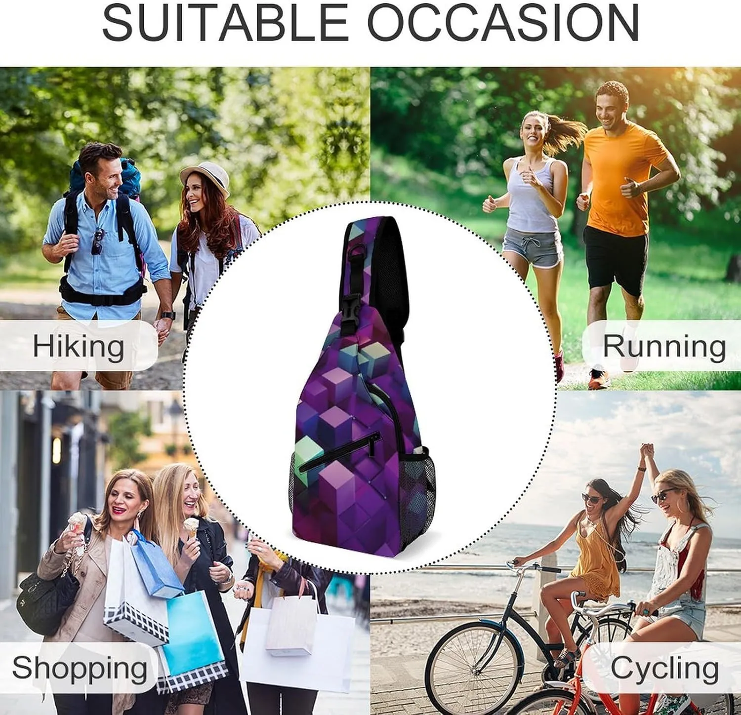 Chest Bag Sling Bag for Men Women Abstract Color Cubes Purple Sport Sling Backpack Lightweight Shoulder Bag for Travel, 38x20cm