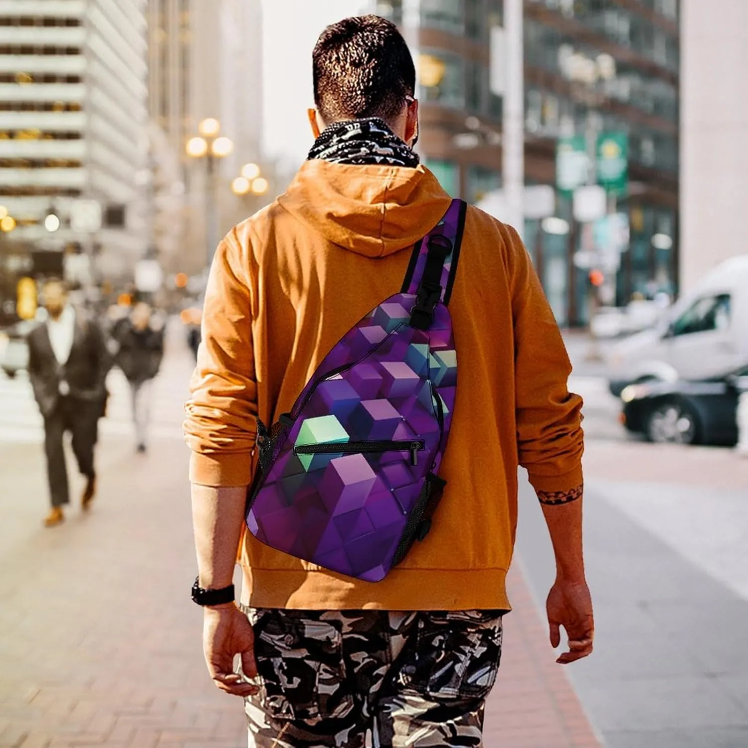 Chest Bag Sling Bag for Men Women Abstract Color Cubes Purple Sport Sling Backpack Lightweight Shoulder Bag for Travel, 38x20cm