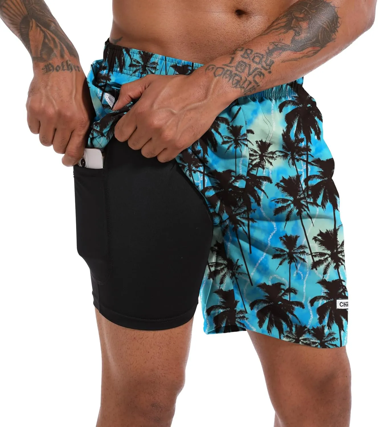 CHEXPEL Men's Swim Trunks Quick Dry Beach Shorts with Pockets and Compression Liner 7 Inch Inseam Bathing Suits